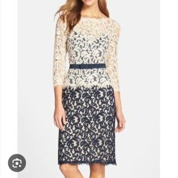 NWT Tadashi Shoji Formal Illusion Lace Two-Tone Gown With Grosgrain Ribbon Belt - Picture 1 of 12